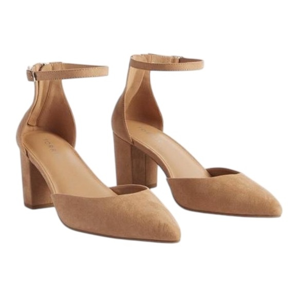 Torrid Pointed Toe Block Heel Pump Tan Faux Suede Ankle Strap Extra Wide Width - Picture 1 of 10